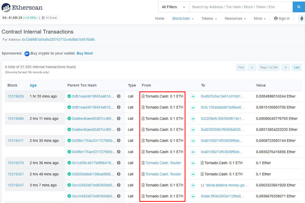 etherscan.io トルネードキャッシュからの匿名送金